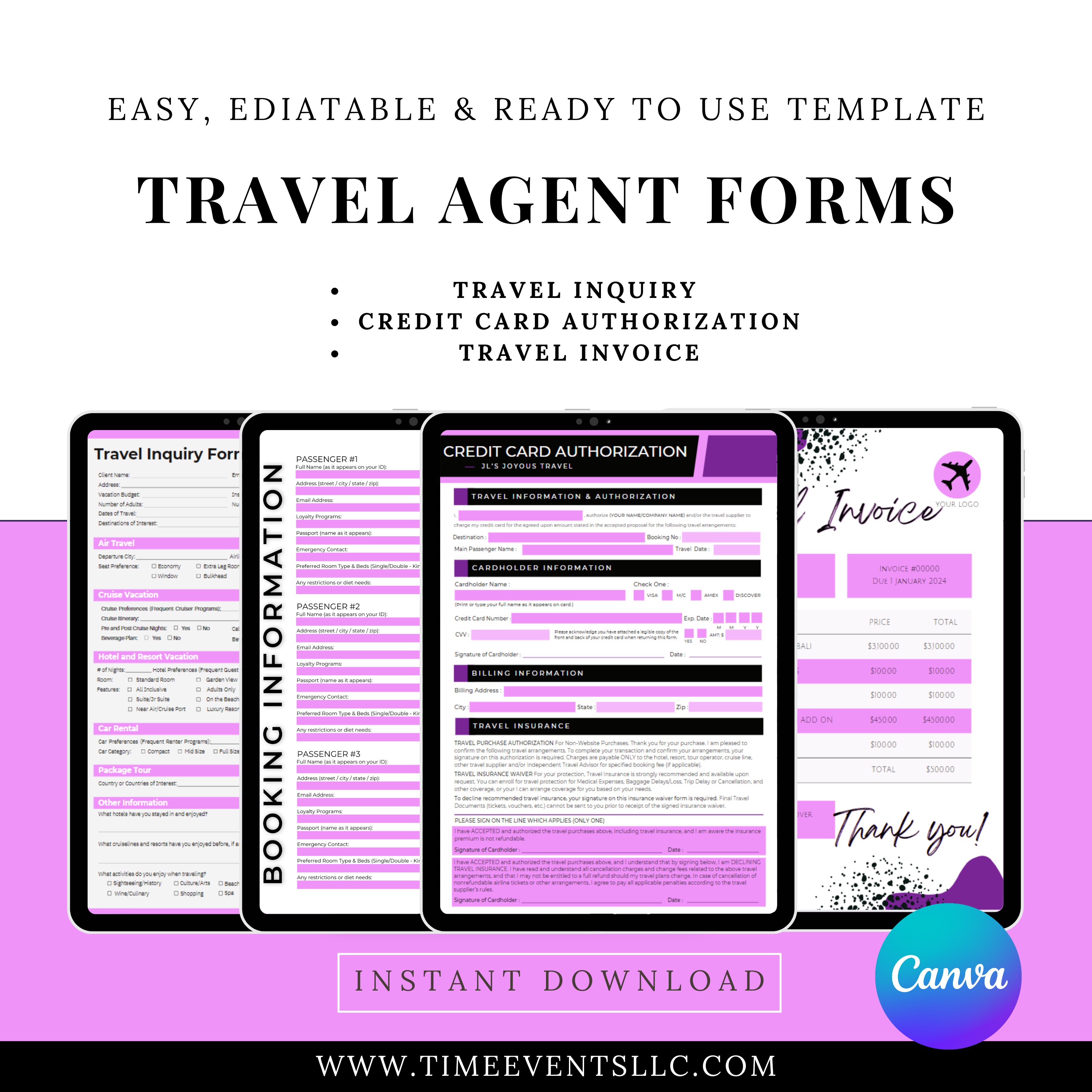 Travel Agent Form Bundle (Editable Canva) – Time Event Designs