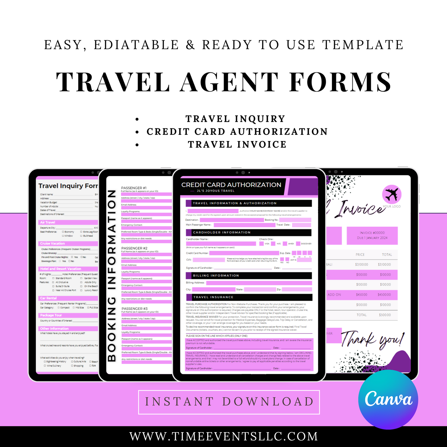 Travel Agent Form Bundle (Editable Canva)